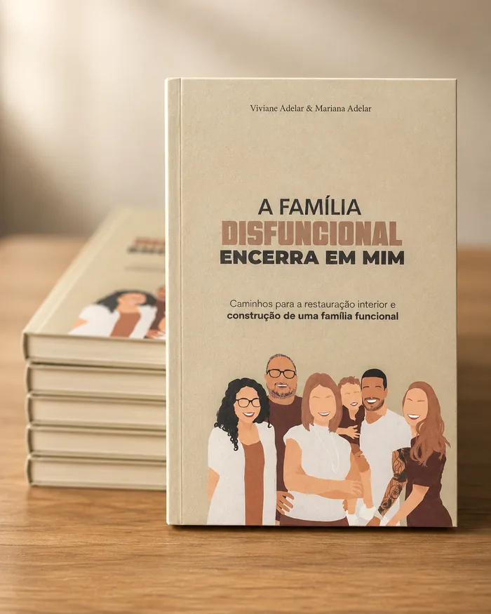 Exemplar impresso de A família disfuncional encerra em mim, em pé sobre uma pilha de livros